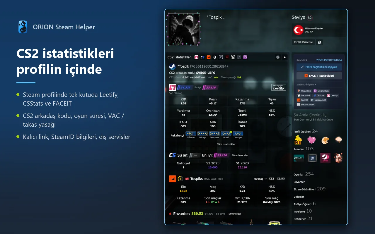 ORION Steam Helper: Steam profilinde CS2 istatistikleri